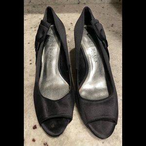 White House Black Market Satin Black Open Toed 3” Heels Size 7